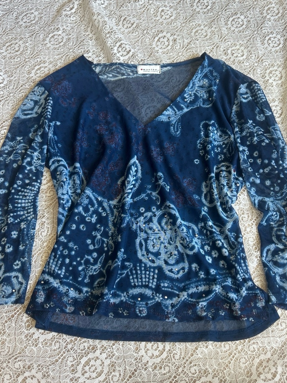 Wanted Blue Printed V-Neck Top with Bead Detail